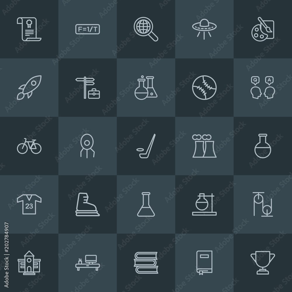 Modern Simple Set of science, sports, education Vector outline Icons. Contains such Icons as  space,  research, sport,  business,  flask and more on dark background. Fully Editable. Pixel Perfect.