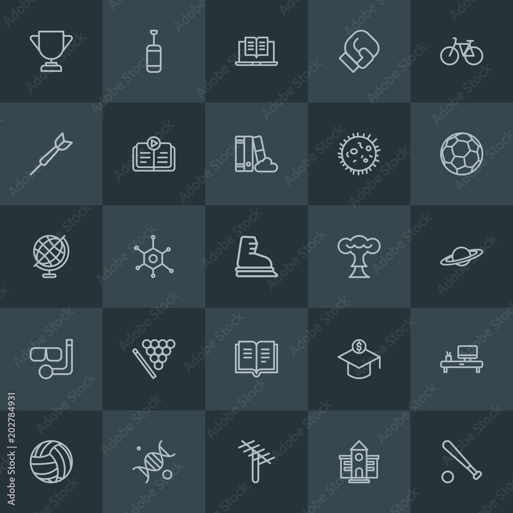 Modern Simple Set of science, sports, education Vector outline Icons. Contains such Icons as  championship, university,  people, satellite and more on dark background. Fully Editable. Pixel Perfect.