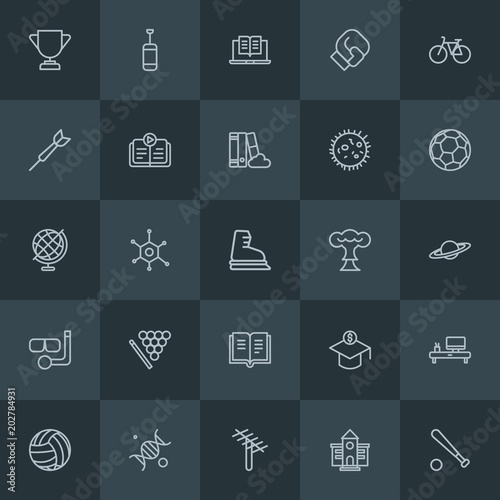Modern Simple Set of science, sports, education Vector outline Icons. Contains such Icons as  championship, university,  people, satellite and more on dark background. Fully Editable. Pixel Perfect.