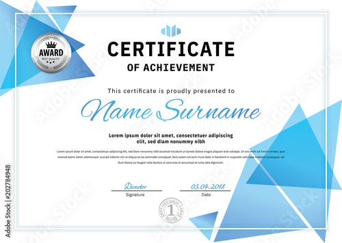 Official white certificate with blue triangle design elements, crown. Business clean modern design
