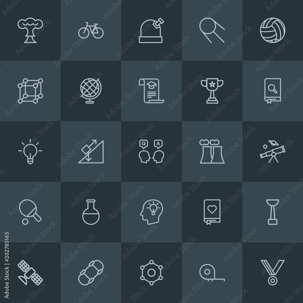 Modern Simple Set of science, sports, education Vector outline Icons. Contains such Icons as  technology,  award,  cycle,  measure,  space and more on dark background. Fully Editable. Pixel Perfect.