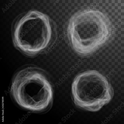White smoke puffs circle background. Smoke isolated transparent special effect. Vector illustration.