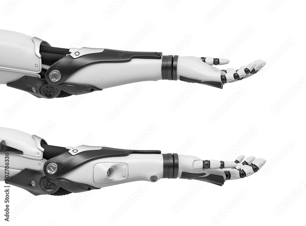 3d rendering of set of two black and white robotic hands with open palms turned upwards. 3d rendering of set of two black and white robotic hands with open palms turned upwards.