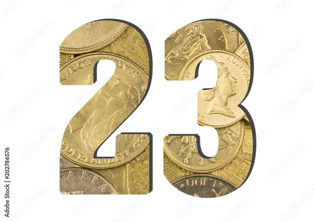 23 Number. Shiny golden coins textures for designers. White isolate 23 Number. Shiny golden coins textures for designers. White isolate