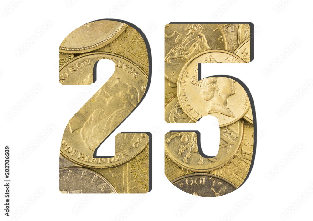 25 Number. Shiny golden coins textures for designers. White isolate 25 Number. Shiny golden coins textures for designers. White isolate