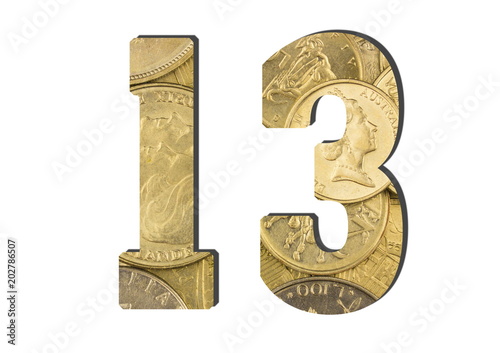 13 Number.  Shiny golden coins textures for designers. White isolate