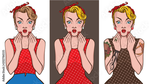 Pop Art girl mascot set. Hollywood, movie star style, comic woman, sexy girl. Amazed, wow, cute, hippie, wow, wonder. Fashion woman in pin up style.