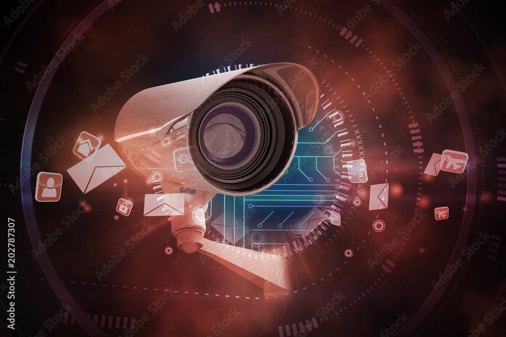 CCTV camera against futuristic technological background CCTV camera against futuristic technological background