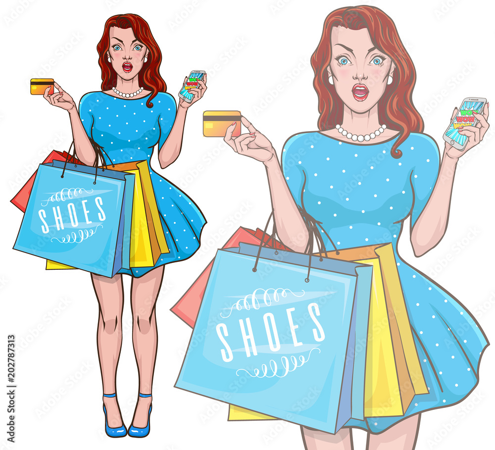 Beautiful Girl With Shopping Bags. Pin-up Style. Vintage. Retro Toning.  Stock Photo, Picture and Royalty Free Image. Image 32438072.