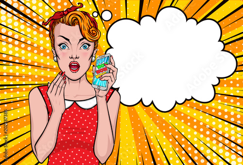 Pop Art girl vector portrait. Comic woman holding mobile phone in her hand. Amazed, wow, cute face, wow, makeup, wonder. Sale, discount, special offer banner or poster.
