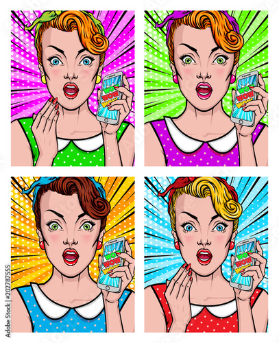Pop Art girl vector portrait set. Comic woman holding mobile phone in her hand. Amazed, wow, cute face, wow, makeup, wonder.  Sale, discount, special offer banner or poster.