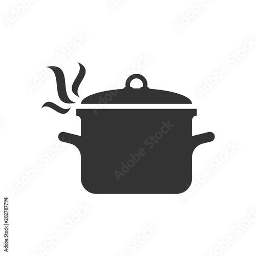 Cooking pan icon in flat style. Kitchen pot illustration on white isolated background. Saucepan equipment business concept.