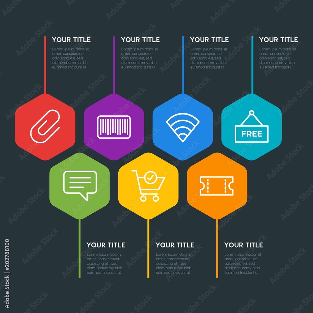 Flat geometric mobile, email, shopping infographic steps template with 7 options for presentations, advertising, annual reports Flat geometric mobile, email, shopping infographic steps template with 7 options for presentations, advertising, annual reports