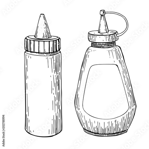 Ketchup, mustard or mayonnaise sauce bottle. Vector drawing. Foo