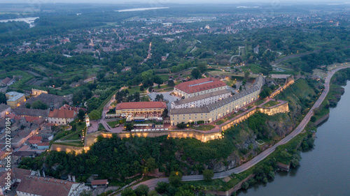 Drone shot of Novi Sad fortress at sunset