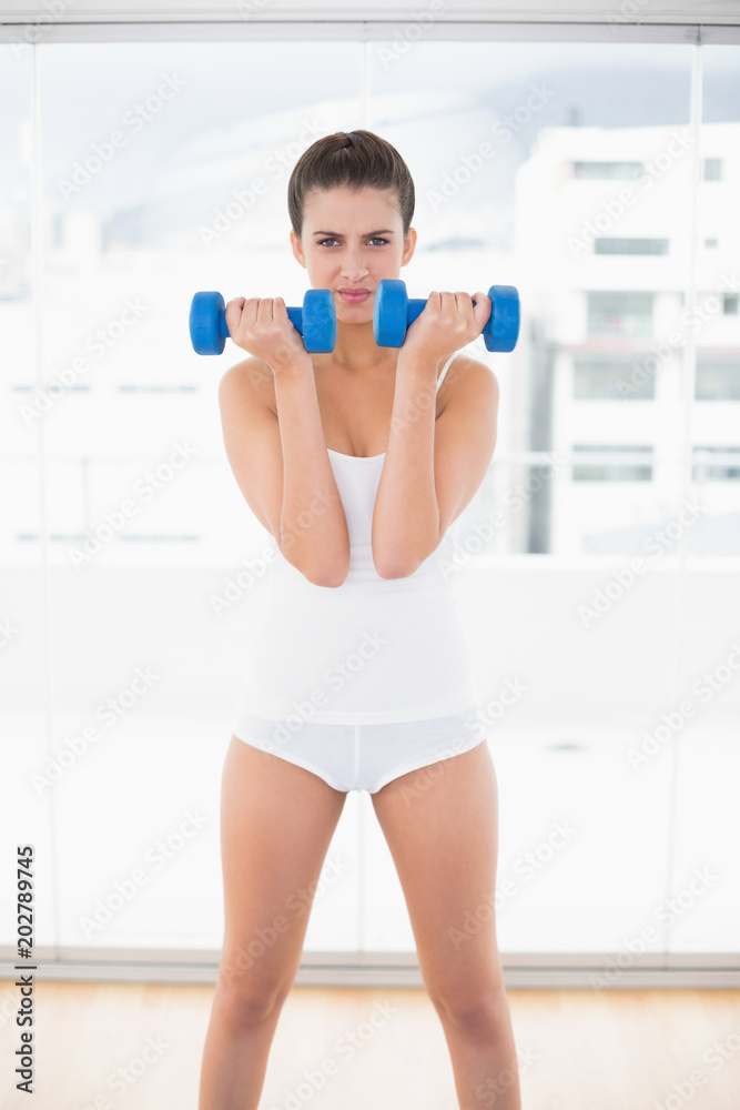 Frowning natural brown haired woman in white sportswear exercising with dumbbells