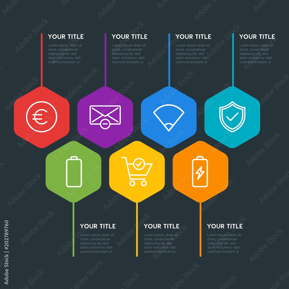 Flat geometric mobile, email, shopping infographic steps template with 7 options for presentations, advertising, annual reports Flat geometric mobile, email, shopping infographic steps template with 7 options for presentations, advertising, annual reports