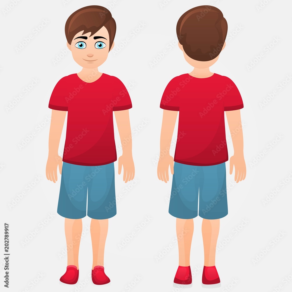 Vector boy in two views and cool clothes isolated on white background. Front and back view. Happy teenager