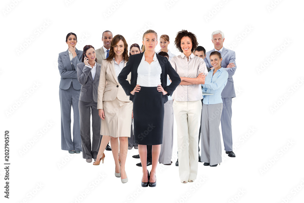 Composite image of team of businesswomen looking at camera on white background Composite image of team of businesswomen looking at camera on white background