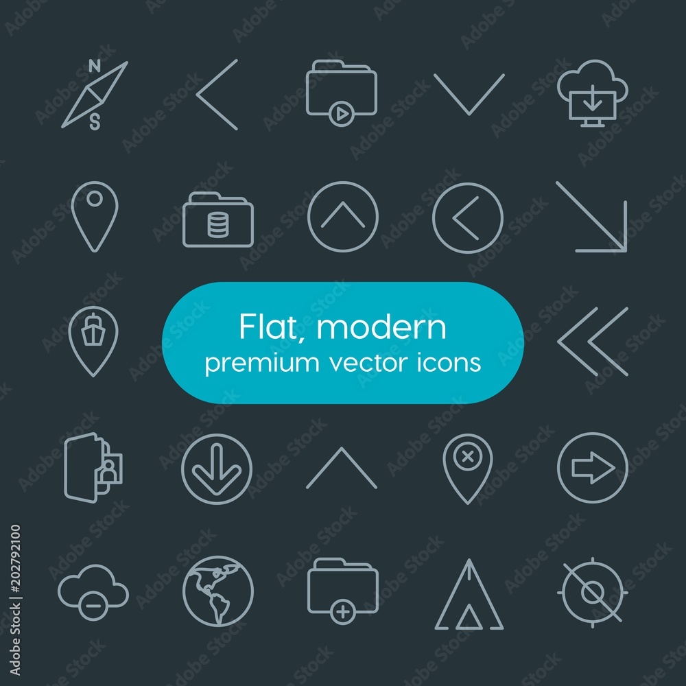 Modern Simple Set of location, cloud and networking, arrows, folder Vector outline Icons. Contains such Icons as compass, delete, folder and more on dark background. Fully Editable. Pixel Perfect. Modern Simple Set of location, cloud and networking, arrows, folder Vector outline Icons. Contains such Icons as compass, delete, folder and more on dark background. Fully Editable. Pixel Perfect.