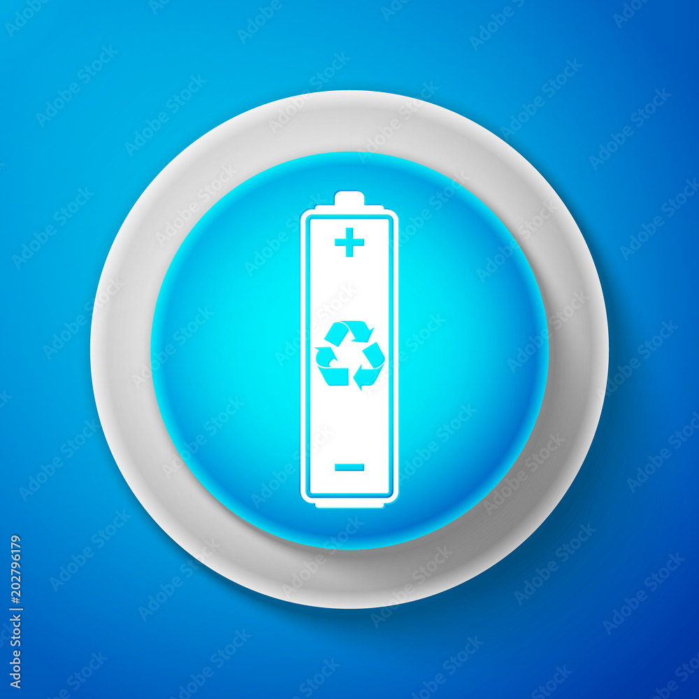 White Battery with recycling symbol icon isolated on blue background. Circle blue button with white line. Vector Illustration White Battery with recycling symbol icon isolated on blue background. Circle blue button with white line. Vector Illustration