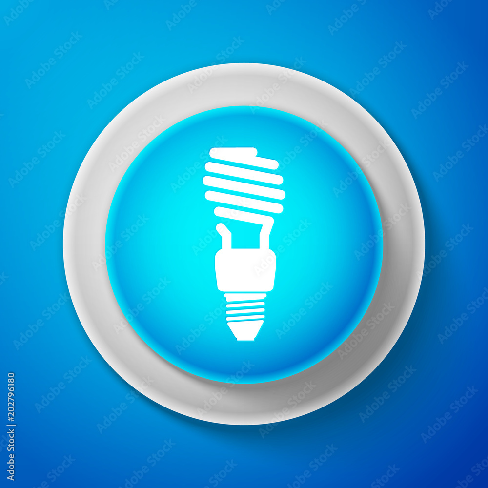 White Energy saving light bulb icon isolated on blue background. Circle blue button with white line. Vector Illustration White Energy saving light bulb icon isolated on blue background. Circle blue button with white line. Vector Illustration