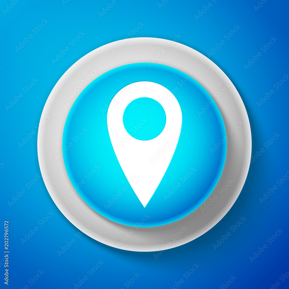 White Map pin icon isolated on blue background. Pointer symbol. Location sign. Navigation map, gps, direction, place, compass, contact, search concept. Circle blue button. Vector Illustration White Map pin icon isolated on blue background. Pointer symbol. Location sign. Navigation map, gps, direction, place, compass, contact, search concept. Circle blue button. Vector Illustration