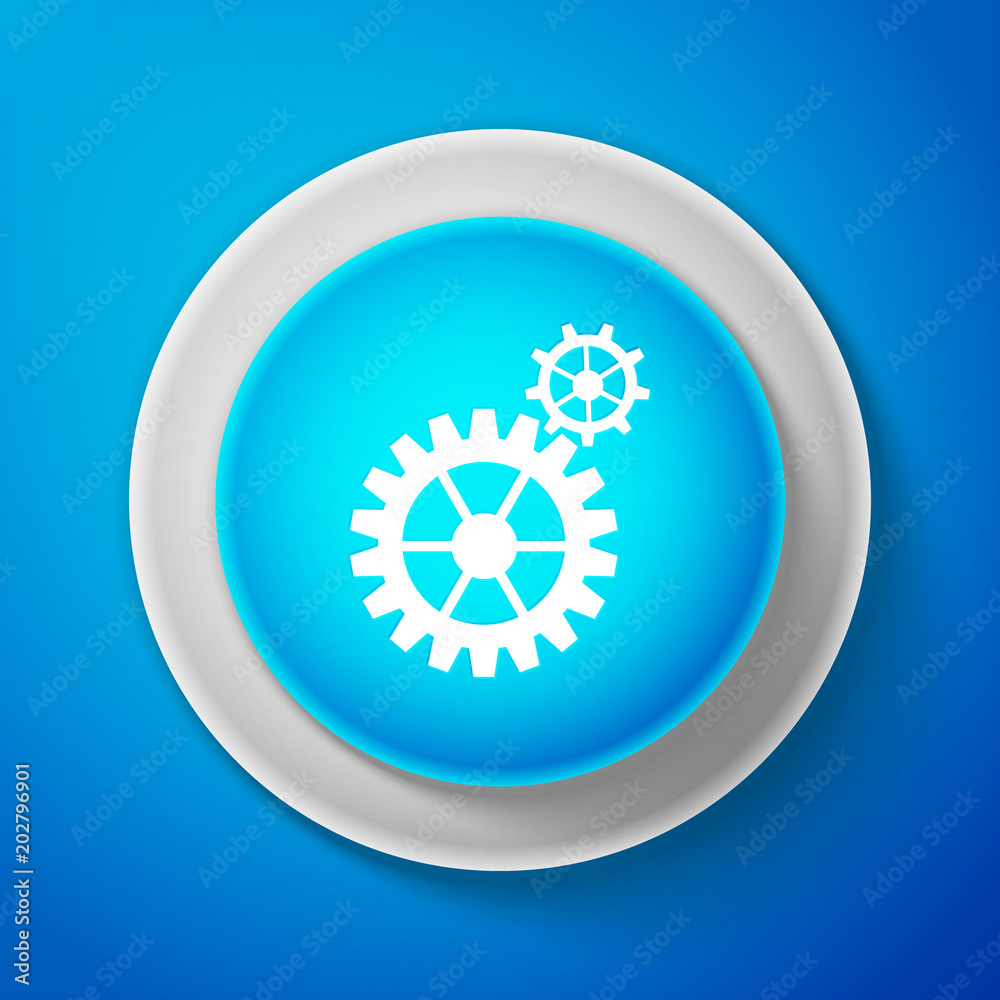 White Gear icon isolated on blue background. Cogwheel gear settings sign. Cog symbol. Circle blue button with white line. Vector Illustration White Gear icon isolated on blue background. Cogwheel gear settings sign. Cog symbol. Circle blue button with white line. Vector Illustration