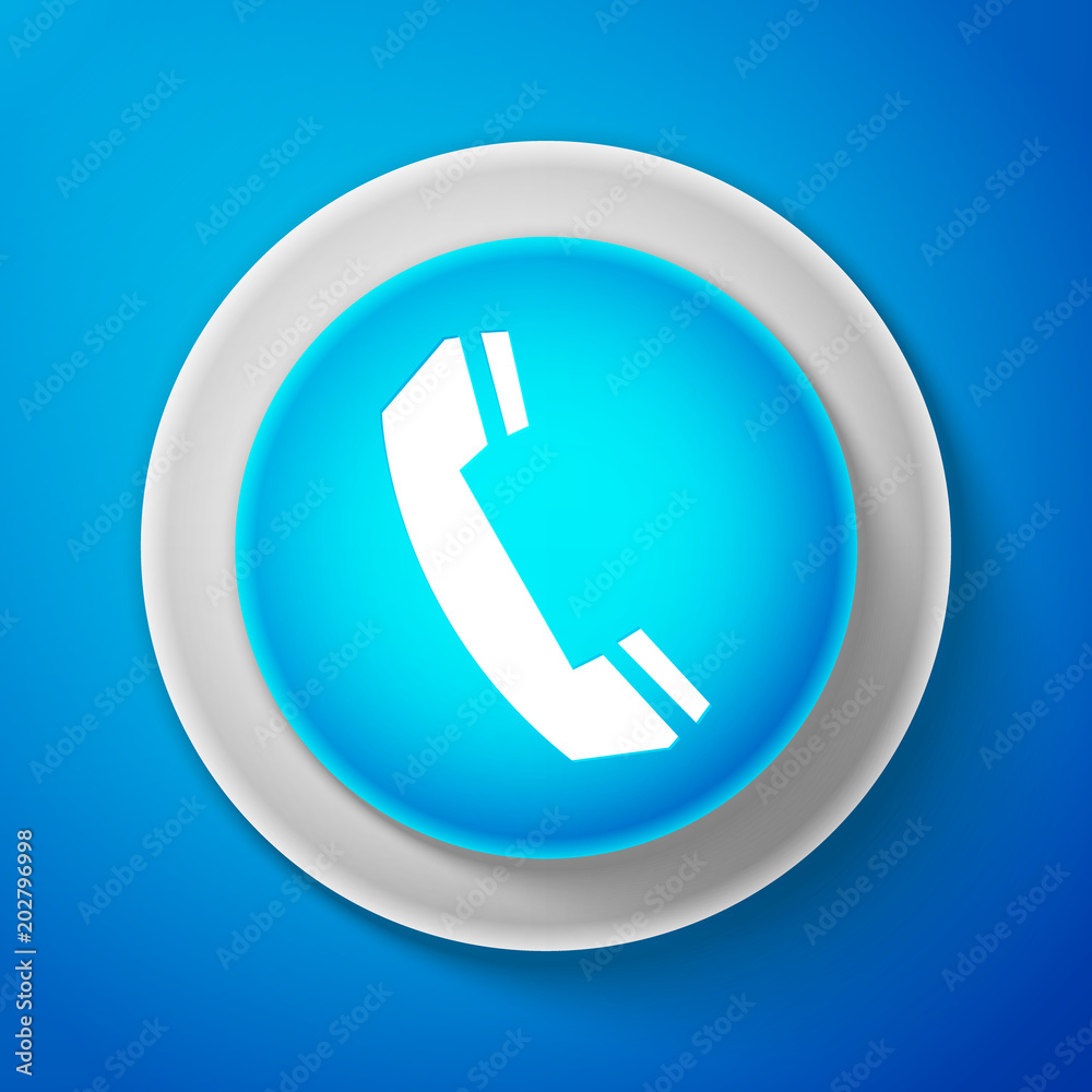 White Telephone handset icon isolated on blue background. Phone sign. Circle blue button with white line. Vector Illustration White Telephone handset icon isolated on blue background. Phone sign. Circle blue button with white line. Vector Illustration