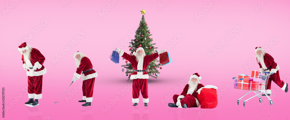 Composite image of different santas against pink vignette Composite image of different santas against pink vignette