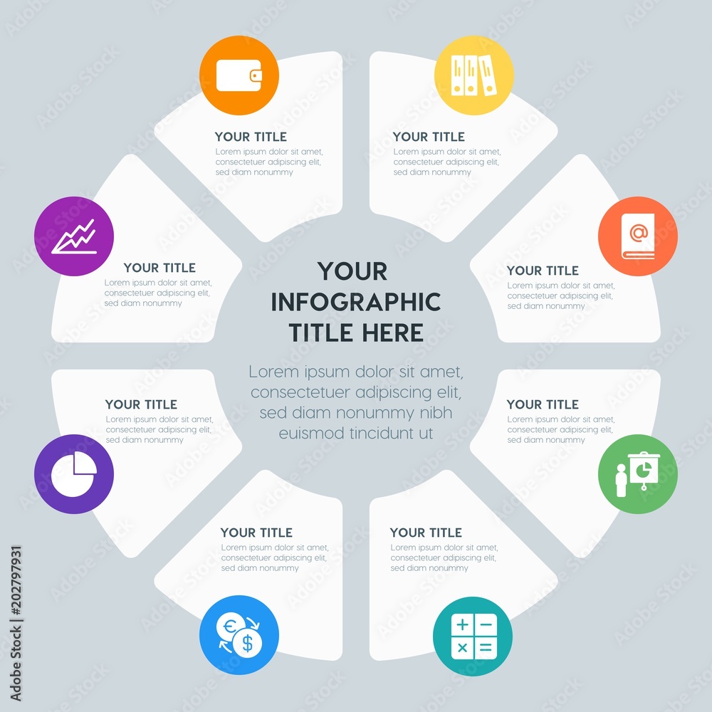 Circle chart business, money, charts infographic template with 8 options for presentations, advertising, annual reports Circle chart business, money, charts infographic template with 8 options for presentations, advertising, annual reports