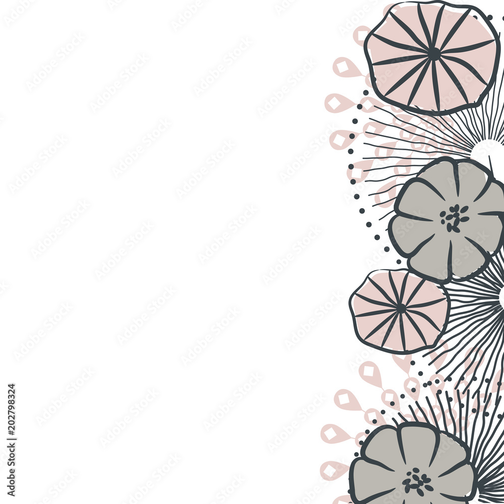 Flower seamless vector border illustration. Floral sketched repeat texture grey pink abstract flowers.