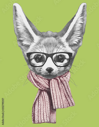 Portrait of Fennec Fox with glasses and scarf, hand-drawn illustration