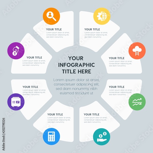 Circle chart business, money, charts infographic template with 8 options for presentations, advertising, annual reports