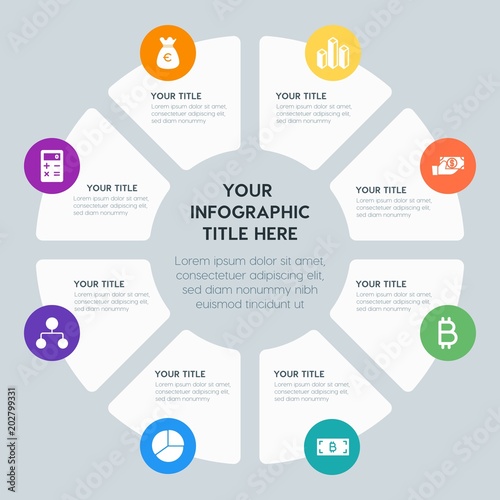 Circle chart business, money, charts infographic template with 8 options for presentations, advertising, annual reports