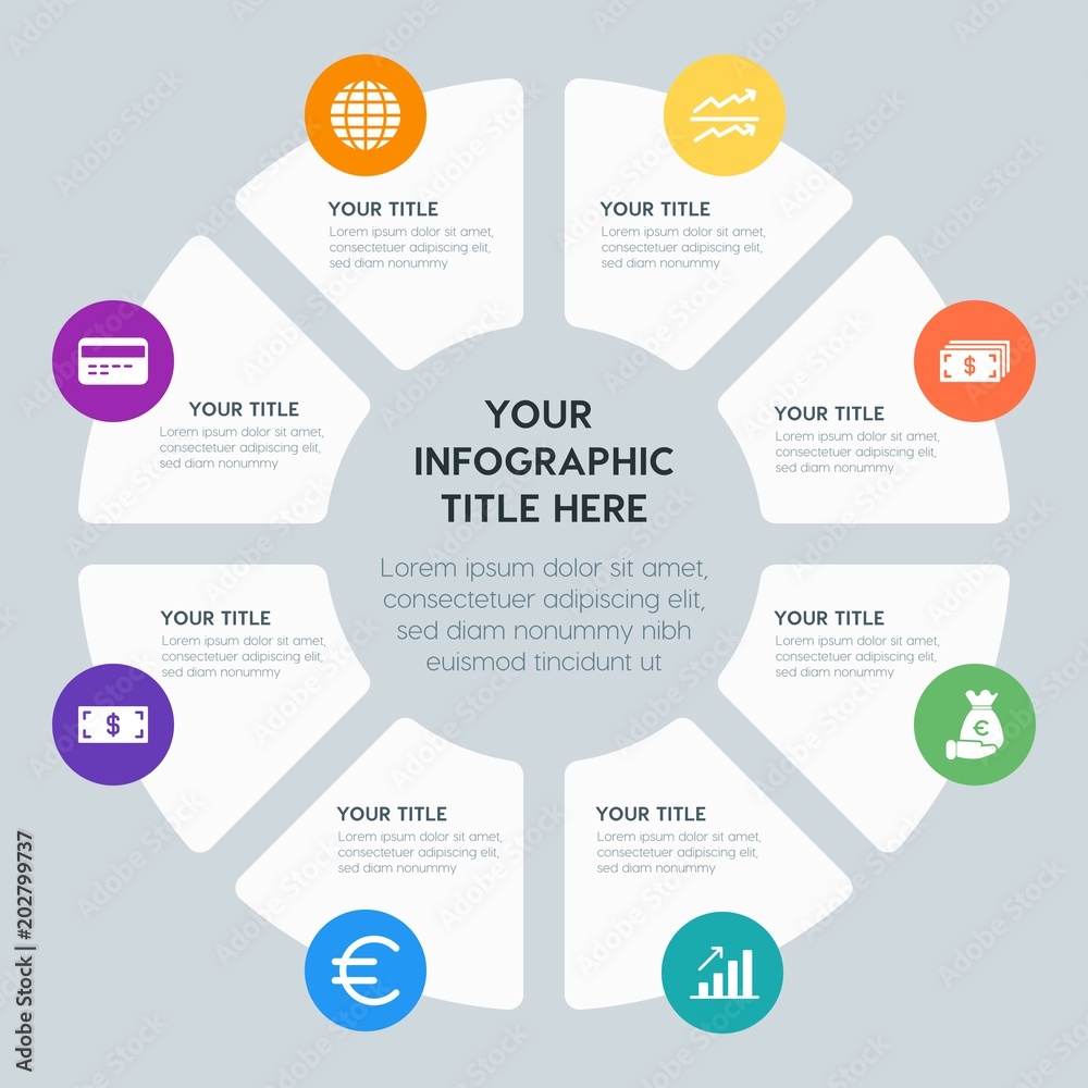 Circle chart business, money, charts infographic template with 8 options for presentations, advertising, annual reports Circle chart business, money, charts infographic template with 8 options for presentations, advertising, annual reports