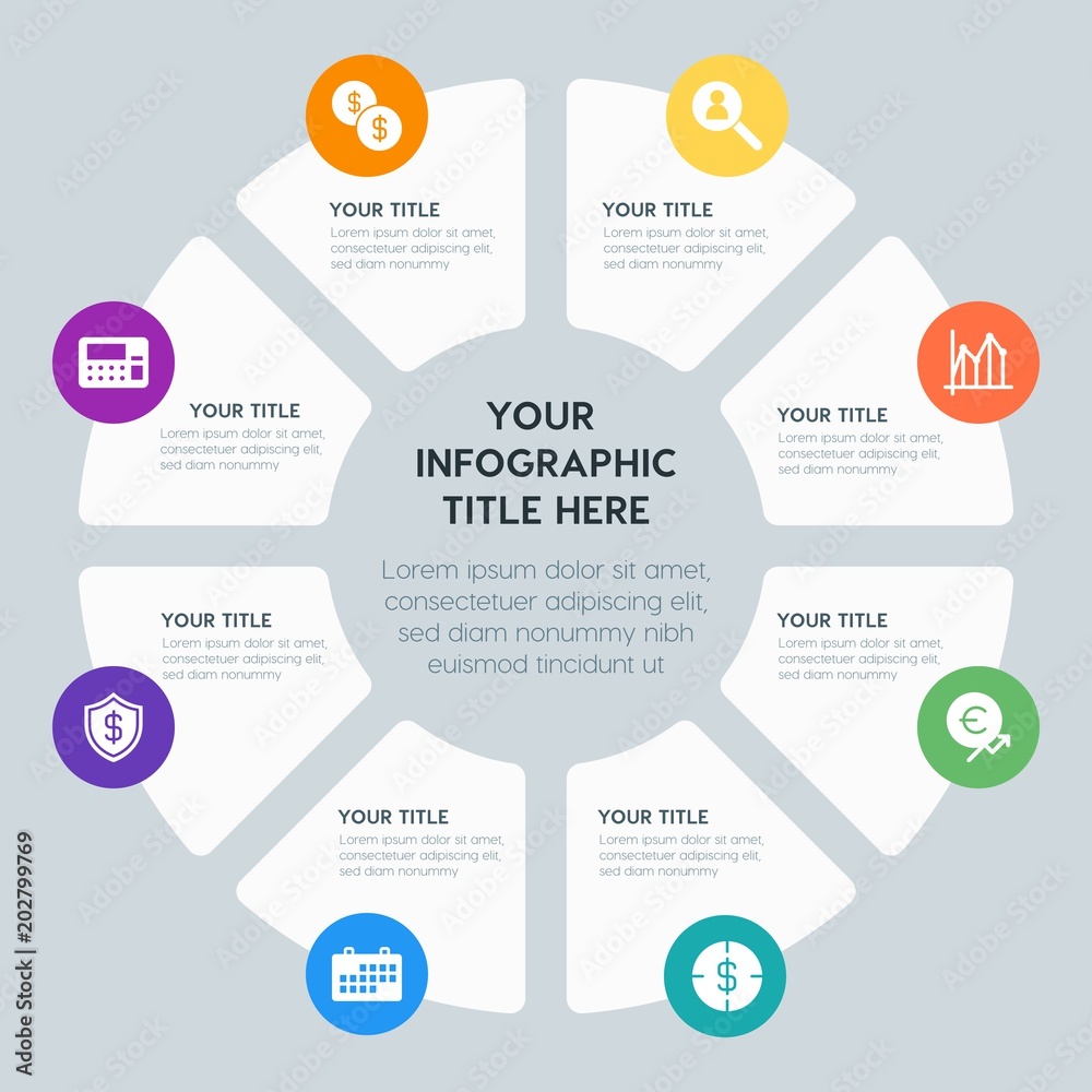 Circle chart business, money, charts infographic template with 8 options for presentations, advertising, annual reports Circle chart business, money, charts infographic template with 8 options for presentations, advertising, annual reports
