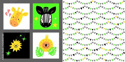 Set of cartoon design elements with animals. For postcards, invitations, fashion industry. Handdrawn kids collection.