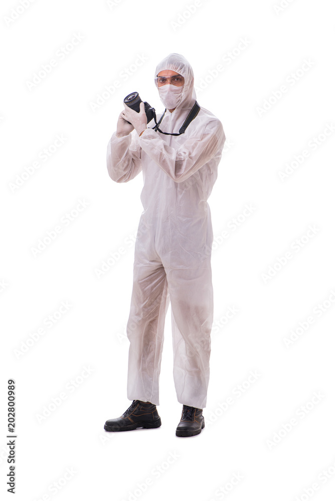 Forensic specialist in protective suit taking photos on white Forensic specialist in protective suit taking photos on white