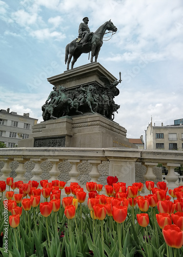 Tulips in front of Alexander II monument, Sofia, Bulgaria