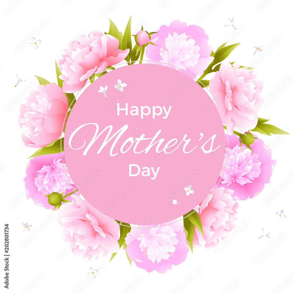Mothers Day. Flowers. Peonies. Wreath. Bouquet. Floral background. Border. Frame. Leaves. Ornament. Congratulation. Festive illustration. Pink. Green.