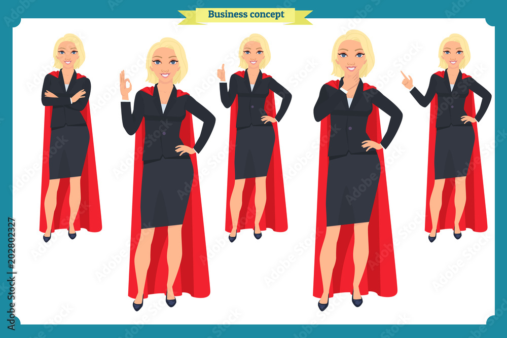 Fototapeta premium Set of super Businesswoman character design with different poses. Illustration isolated vector on white in flat cartoon style. Women in office clothes. Business superheros people.