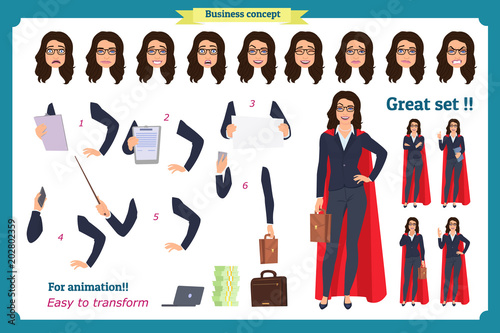 Set of super Businesswoman character design with different poses. Illustration isolated vector on white in flat cartoon style. Women in office clothes. Business superheros people.