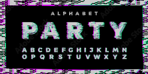 Abstract distorted glitch colorful font. Trendy style lettering typeface. Old television screen distortion, digital pixel effect. Latin alphabet from A to Z. Vector illustration. Music and party theme