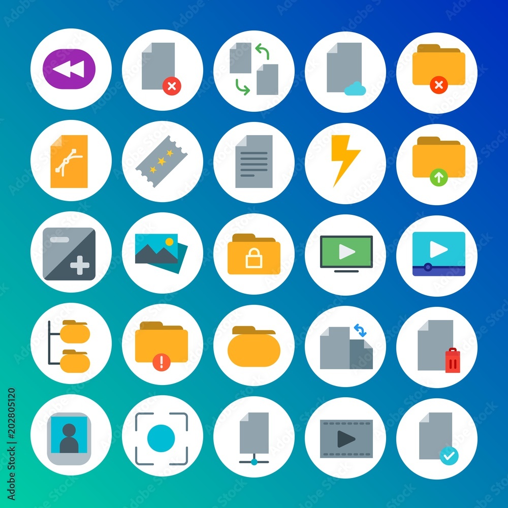 Modern Simple Set of folder, video, photos, files Vector flat Icons. Contains such Icons as  document, arrow,  rotation,  technology and more on gradient background. Fully Editable. Pixel Perfect