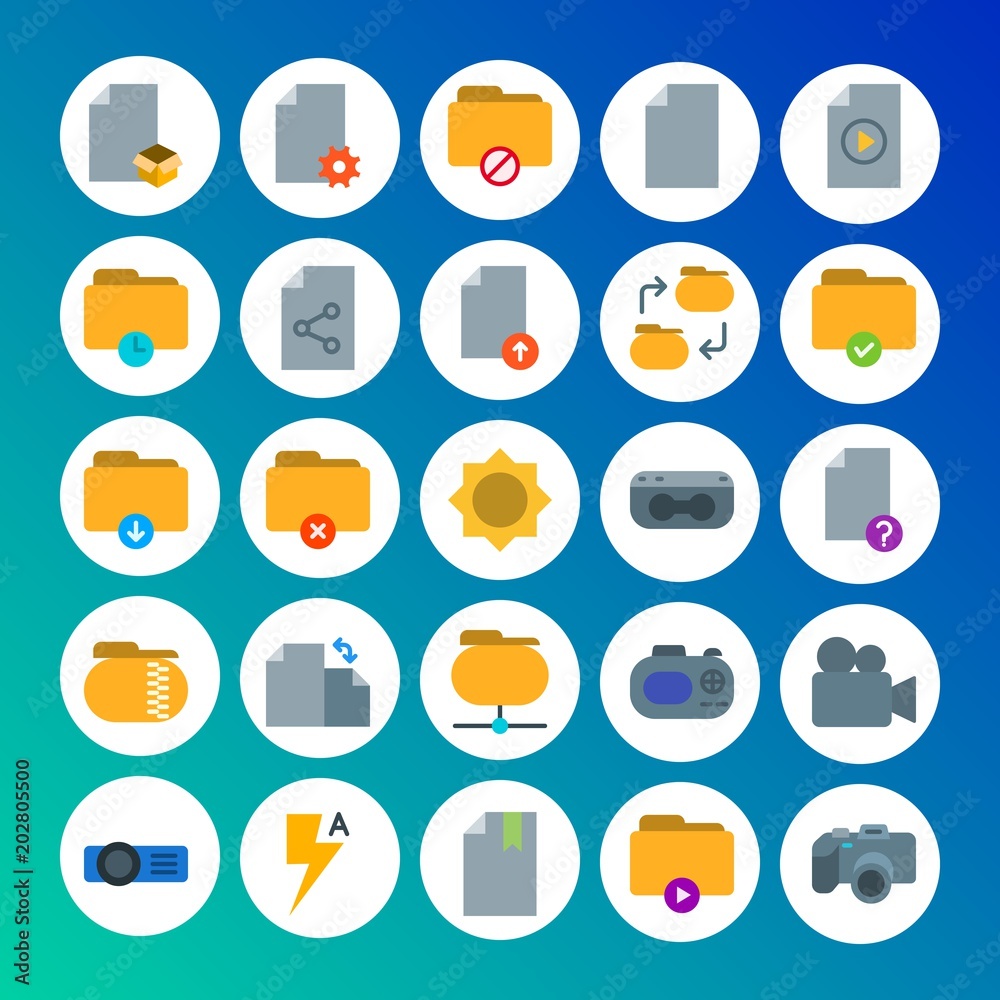 Modern Simple Set of folder, video, photos, files Vector flat Icons. Contains such Icons as time,  leaflet,  camera,  technology,  photo and more on gradient background. Fully Editable. Pixel Perfect