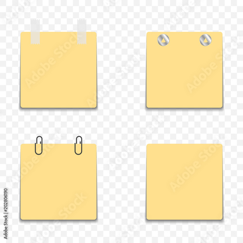 Yellow stickers with different mounting options for surfaces - self-adhesive, clerical buttons, clips and tape. Blank template for design. Vector on a transparent background.