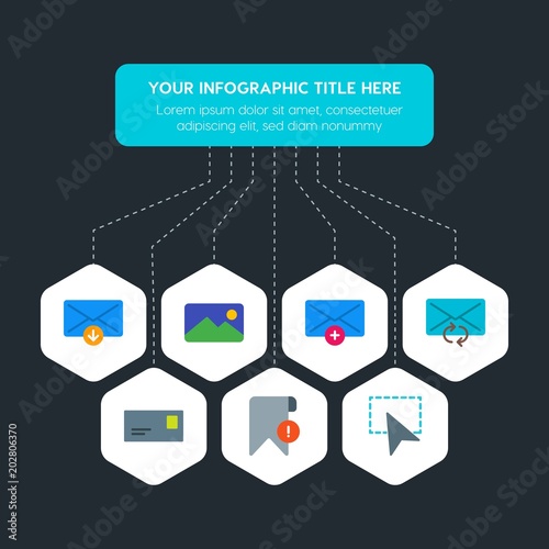 Flat geometric cloud and networking, cursors, bookmarks, email infographic steps template with 7 options for presentations, advertising, annual reports