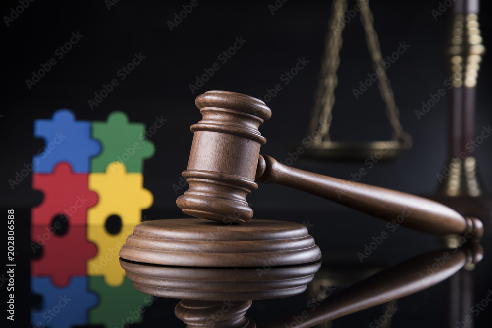 Puzzle, law concept, Wooden gavel Puzzle, law concept, Wooden gavel