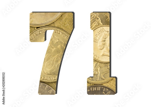  71 Number.  Shiny golden coins textures for designers. White isolate